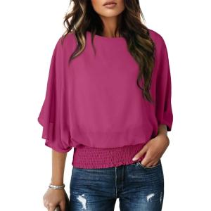 imageDokotoo Women Blouses Dressy Casual 34 Length Sleeve Womens Tops Boat Neck Batwing Dolman TopPitaya Pink