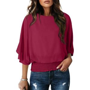imageDokotoo Women Blouses Dressy Casual 34 Length Sleeve Womens Tops Boat Neck Batwing Dolman TopRed Dahlia