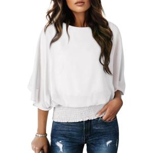 imageDokotoo Women Blouses Dressy Casual 34 Length Sleeve Womens Tops Boat Neck Batwing Dolman TopWhite