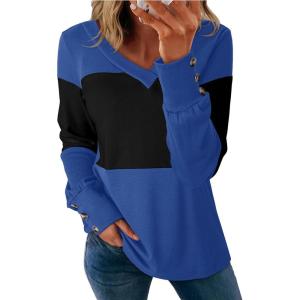 imageDokotoo Women Blouses Dressy Casual Color Block Long Sleeve Shirts V Neck Tops Fall Outfits 2025Black Blue