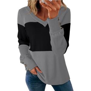 imageDokotoo Women Blouses Dressy Casual Color Block Long Sleeve Shirts V Neck Tops Fall Outfits 2025Black Grey