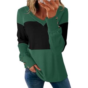 imageDokotoo Women Blouses Dressy Casual Color Block Long Sleeve Shirts V Neck Tops Fall Outfits 2025Blackish Green