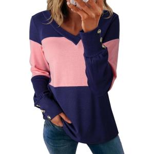 imageDokotoo Women Blouses Dressy Casual Color Block Long Sleeve Shirts V Neck Tops Fall Outfits 2025Blue Stripe