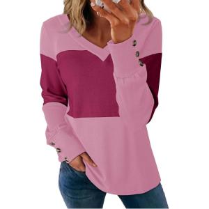 imageDokotoo Women Blouses Dressy Casual Color Block Long Sleeve Shirts V Neck Tops Fall Outfits 2025Bonbon