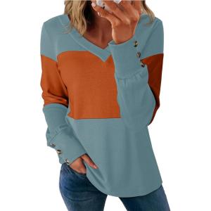 imageDokotoo Women Blouses Dressy Casual Color Block Long Sleeve Shirts V Neck Tops Fall Outfits 2025Canton