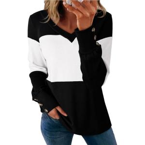 imageDokotoo Women Blouses Dressy Casual Color Block Long Sleeve Shirts V Neck Tops Fall Outfits 2025Color Black