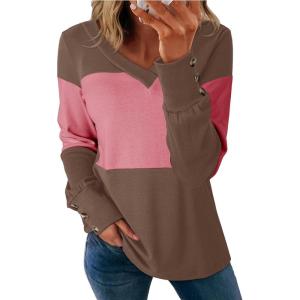 imageDokotoo Women Blouses Dressy Casual Color Block Long Sleeve Shirts V Neck Tops Fall Outfits 2025Desert Palm