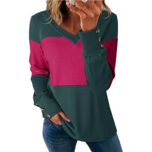 imageDokotoo Women Blouses Dressy Casual Color Block Long Sleeve Shirts V Neck Tops Fall Outfits 2025Evergreen