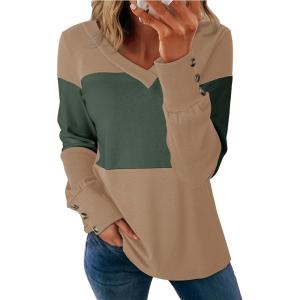 imageDokotoo Women Blouses Dressy Casual Color Block Long Sleeve Shirts V Neck Tops Fall Outfits 2025Four Leaf Clover