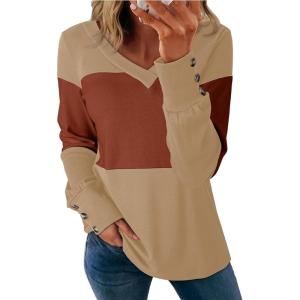 imageDokotoo Women Blouses Dressy Casual Color Block Long Sleeve Shirts V Neck Tops Fall Outfits 2025Light French Beige