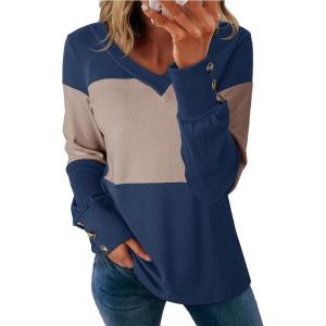 imageDokotoo Women Blouses Dressy Casual Color Block Long Sleeve Shirts V Neck Tops Fall Outfits 2025Sail Blue
