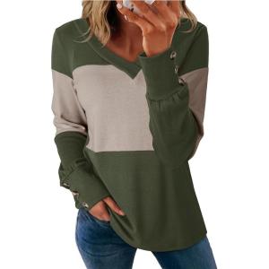 imageDokotoo Women Blouses Dressy Casual Color Block Long Sleeve Shirts V Neck Tops Fall Outfits 2025Vineyard Green