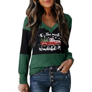imageDokotoo Women Blouses Dressy Casual Color Block Long Sleeve Shirts V Neck Tops Fall Outfits 2025X1 Blackish Green