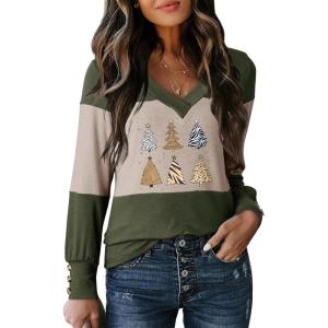 imageDokotoo Women Blouses Dressy Casual Color Block Long Sleeve Shirts V Neck Tops Fall Outfits 2025X1 Vineyard Green
