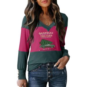 imageDokotoo Women Blouses Dressy Casual Color Block Long Sleeve Shirts V Neck Tops Fall Outfits 2025X2 Evergreen