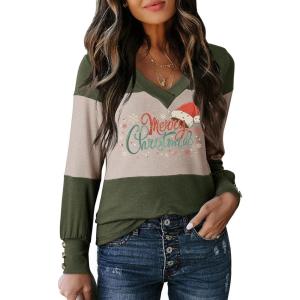 imageDokotoo Women Blouses Dressy Casual Color Block Long Sleeve Shirts V Neck Tops Fall Outfits 2025X2 Vineyard Green