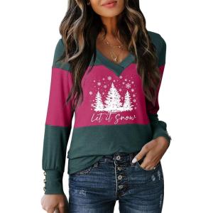imageDokotoo Women Blouses Dressy Casual Color Block Long Sleeve Shirts V Neck Tops Fall Outfits 2025X3 Evergreen