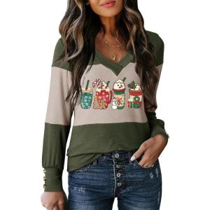 imageDokotoo Women Blouses Dressy Casual Color Block Long Sleeve Shirts V Neck Tops Fall Outfits 2025X3 Vineyard Green