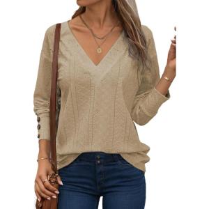 imageDokotoo Women Blouses Dressy Casual V Neck Long Sleeve Shirts Buttons Hollow Out Lace Embroidered TopsApricot