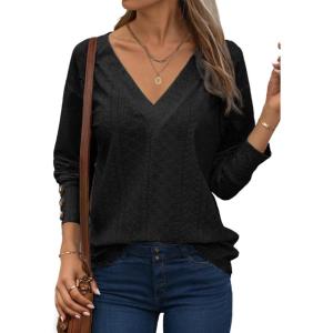 imageDokotoo Women Blouses Dressy Casual V Neck Long Sleeve Shirts Buttons Hollow Out Lace Embroidered TopsBlack
