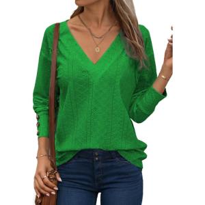 imageDokotoo Women Blouses Dressy Casual V Neck Long Sleeve Shirts Buttons Hollow Out Lace Embroidered TopsBright Green
