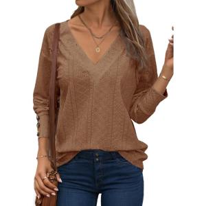 imageDokotoo Women Blouses Dressy Casual V Neck Long Sleeve Shirts Buttons Hollow Out Lace Embroidered TopsCamel
