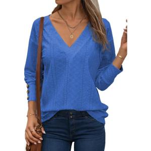 imageDokotoo Women Blouses Dressy Casual V Neck Long Sleeve Shirts Buttons Hollow Out Lace Embroidered TopsDark Blue