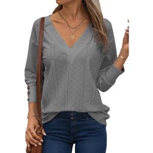 imageDokotoo Women Blouses Dressy Casual V Neck Long Sleeve Shirts Buttons Hollow Out Lace Embroidered TopsGrey