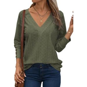 imageDokotoo Women Blouses Dressy Casual V Neck Long Sleeve Shirts Buttons Hollow Out Lace Embroidered TopsLeaf Green