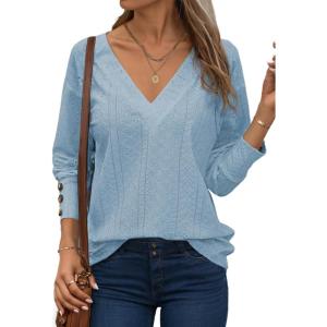 imageDokotoo Women Blouses Dressy Casual V Neck Long Sleeve Shirts Buttons Hollow Out Lace Embroidered TopsMyosotis