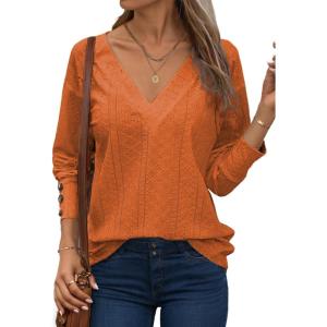 imageDokotoo Women Blouses Dressy Casual V Neck Long Sleeve Shirts Buttons Hollow Out Lace Embroidered TopsOrange