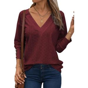 imageDokotoo Women Blouses Dressy Casual V Neck Long Sleeve Shirts Buttons Hollow Out Lace Embroidered TopsRed Dahlia