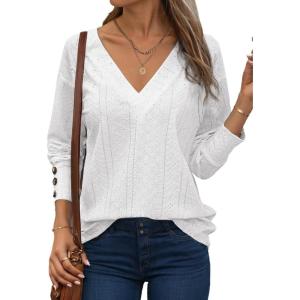 imageDokotoo Women Blouses Dressy Casual V Neck Long Sleeve Shirts Buttons Hollow Out Lace Embroidered TopsWhite