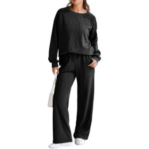 imageDokotoo Womens 2 Piece Outfits Sweatshirt Lounge Sets Textured Long Sleeve Tops and Drawstring Pants SweatsuitBlack