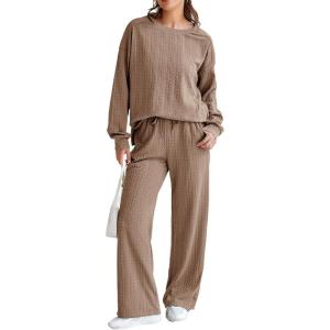 imageDokotoo Womens 2 Piece Outfits Sweatshirt Lounge Sets Textured Long Sleeve Tops and Drawstring Pants SweatsuitDune