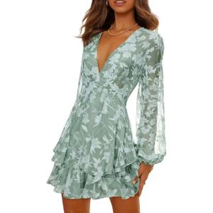 imageDokotoo Womens 2024 Summer Spring V Neck Ruffle Chiffon Elegant Tie Knot Mini Short Swing Skater Dresses1 Green