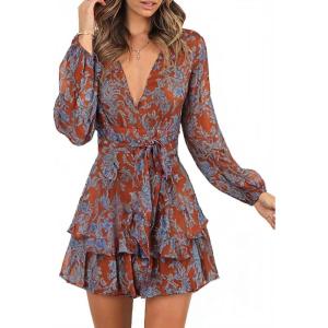 imageDokotoo Womens 2024 Summer Spring V Neck Ruffle Chiffon Elegant Tie Knot Mini Short Swing Skater DressesRed