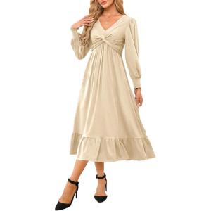 imageDokotoo Womens 2024 Wrap VNeck Twist Knot Long Sleeve Empire Waist Midi Maxi Dress ALine Ruched Flowy Dress with PocketsBeige