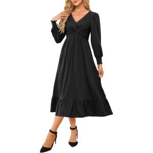 imageDokotoo Womens 2024 Wrap VNeck Twist Knot Long Sleeve Empire Waist Midi Maxi Dress ALine Ruched Flowy Dress with PocketsBlack