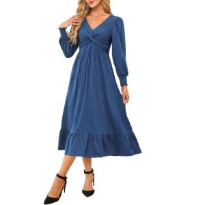 imageDokotoo Womens 2024 Wrap VNeck Twist Knot Long Sleeve Empire Waist Midi Maxi Dress ALine Ruched Flowy Dress with PocketsBlue