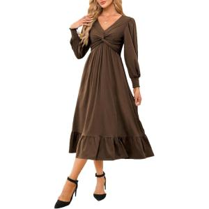 imageDokotoo Womens 2024 Wrap VNeck Twist Knot Long Sleeve Empire Waist Midi Maxi Dress ALine Ruched Flowy Dress with PocketsBrown