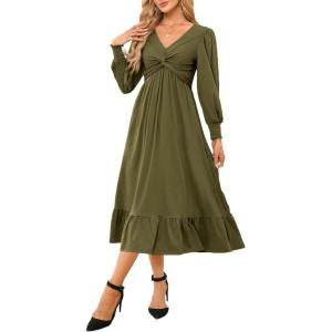 imageDokotoo Womens 2024 Wrap VNeck Twist Knot Long Sleeve Empire Waist Midi Maxi Dress ALine Ruched Flowy Dress with PocketsGreen