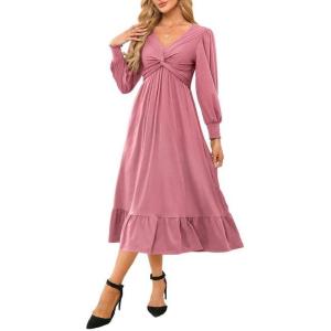 imageDokotoo Womens 2024 Wrap VNeck Twist Knot Long Sleeve Empire Waist Midi Maxi Dress ALine Ruched Flowy Dress with PocketsPink