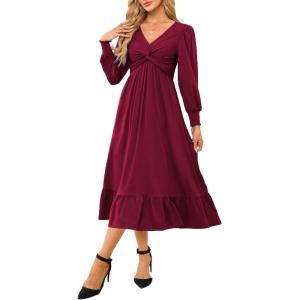 imageDokotoo Womens 2024 Wrap VNeck Twist Knot Long Sleeve Empire Waist Midi Maxi Dress ALine Ruched Flowy Dress with PocketsWine