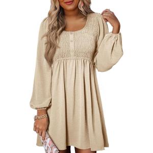 imageDokotoo Womens 2025 Casual Dresses Smocked Crewneck Button Up Long Sleeve Empire Waist ALine Mini DressApricot