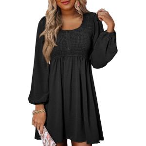 imageDokotoo Womens 2025 Casual Dresses Smocked Crewneck Button Up Long Sleeve Empire Waist ALine Mini DressBlack