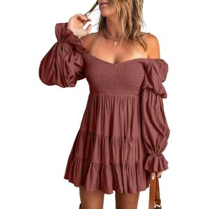 imageDokotoo Womens 2025 Spring Summer Dresses Elegant Off The Shoulder V Neck Long Sleeve Ruffle Flowy Mini Short Skater DressesBrown 2
