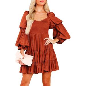 imageDokotoo Womens 2025 Spring Summer Dresses Elegant Off The Shoulder V Neck Long Sleeve Ruffle Flowy Mini Short Skater DressesBrown