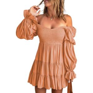 imageDokotoo Womens 2025 Spring Summer Dresses Elegant Off The Shoulder V Neck Long Sleeve Ruffle Flowy Mini Short Skater DressesOrange
