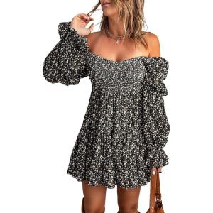 imageDokotoo Womens 2025 Spring Summer Dresses Elegant Off The Shoulder V Neck Long Sleeve Ruffle Flowy Mini Short Skater DressesZ Print Black